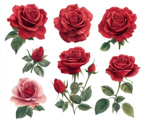 Vibrant Collection of Red and Pink Roses in Various Stages, Showcasing Detailed Petals and Lush Green Leaves, Perfect for Floral Design Projects