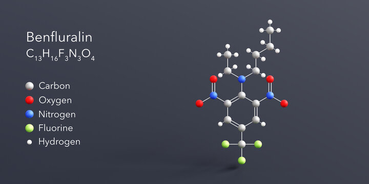 benfluralin molecule 3d rendering, flat molecular structure with chemical formula and atoms color coding
