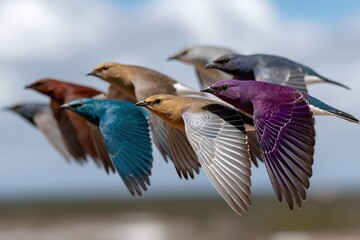 Fototapeta premium A captivating image of various birds in mid-air, displaying a broad spectrum of colors that symbolize freedom, nature’s beauty, and joyful movement against a vivid sky background.