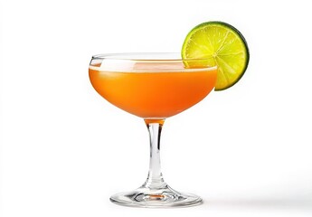 Orange cocktail in a stemmed glass with a lime slice garnish, light - colored background