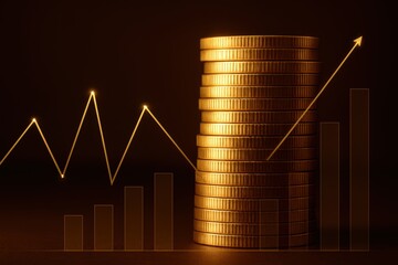 Golden Coin Stack with Upward Bar Graph, Business Investment Concept, Financial Growth, Wealth Management, Economy Success, Profit Strategy, Finance Progress, Economic Development.