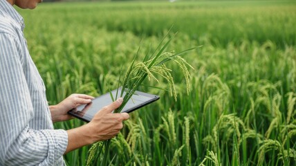 A person using a tablet in a paddy field examining rice plants.