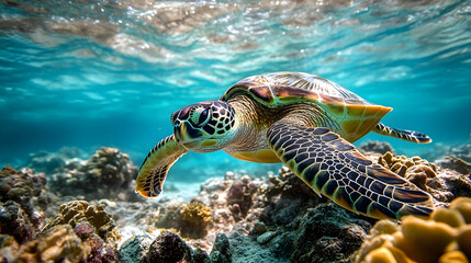 Fototapeta premium Underwater view of a sea turtle amongst coral reef.