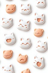 Adorable 3D rendered cat faces in peach and white, arranged in a repeating pattern on a white background.  They display various happy and slightly sad expressions