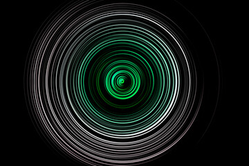 Abstract radial motion blur with green and white concentric circles on black background. Futuristic spinning vortex effect with a hypnotic, dynamic feel.