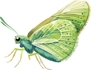 Green Lacewing flat vector illustration on transparent background.