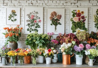 Naklejka premium Vibrant Floral Arrangements and Art Prints in a Cozy Flower Shop Setting, Showcasing a Variety of Fresh Blooms and Botanical Illustrations