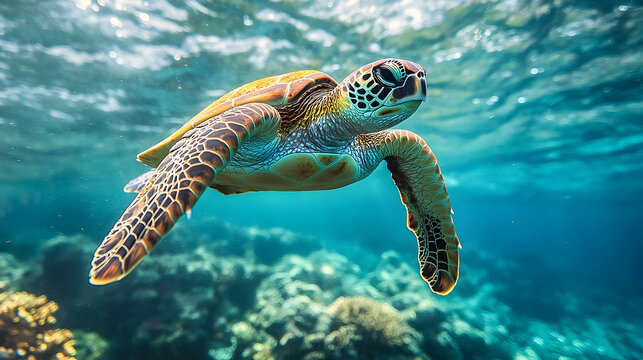 Vibrant underwater shot of a sea turtle swimming.