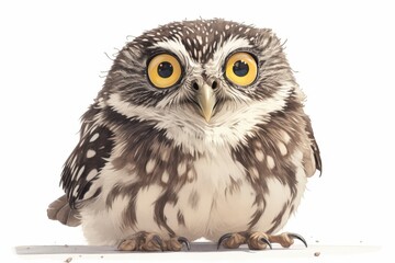 Fototapeta premium Adorable owl with bright yellow eyes and fluffy brown and white feathers