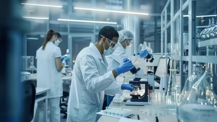 A bright, sterile laboratory setting with scientists in lab coats, masks, and gloves working with microscopes and various laboratory equipment. Research and experimentations are taking place. - Powered by Adobe
