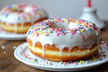 Colorful frosted donuts with sprinkles on a wooden table, perfect for a celebration