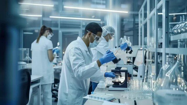 A bright, sterile laboratory setting with scientists in lab coats, masks, and gloves working with microscopes and various laboratory equipment. Research and experimentations are taking place.
