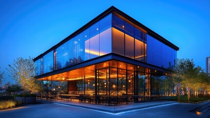 Obraz premium Modern glass edifice at twilight, showcasing a contemporary restaurant.