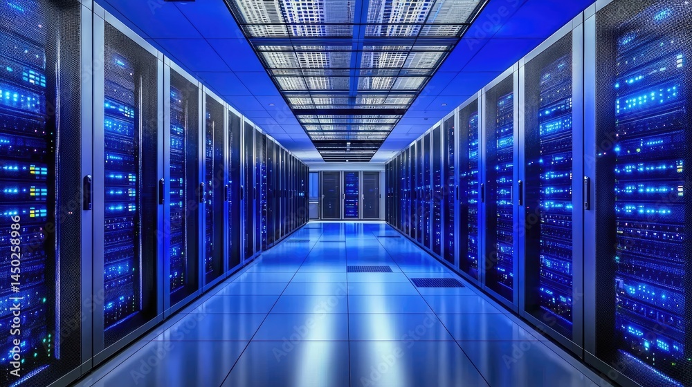 Aufkleber long corridor view of a data center with glowing blue server cabinets, perfect for illustrating clou