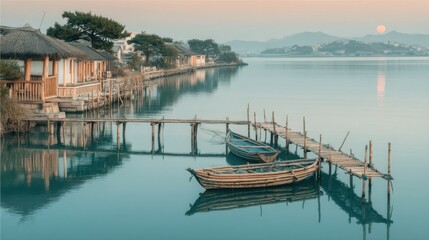 Fototapeta premium Serene Sunset over Tranquil Asian Village Waterfront