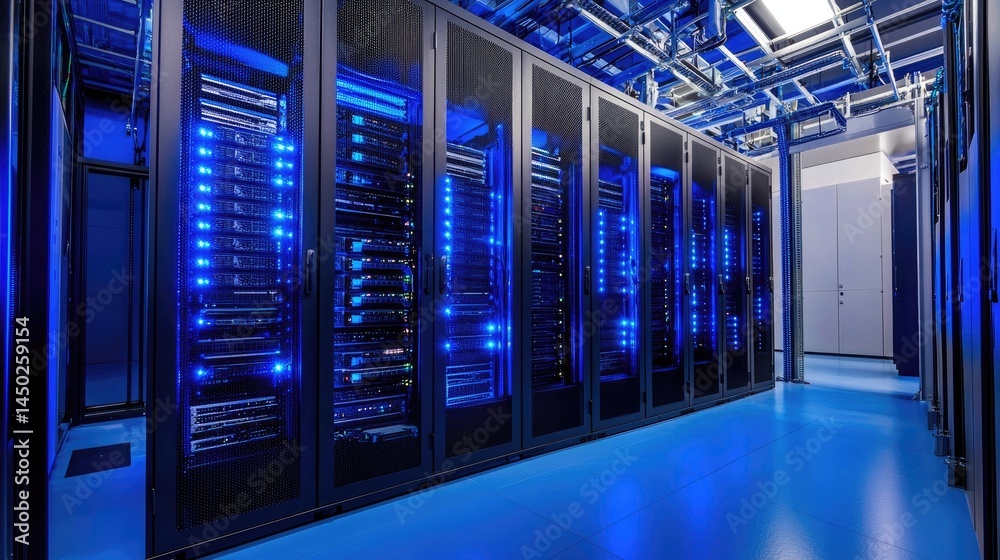 Poster modern server racks with glowing blue elements in a tech facility, suitable for illustrating data ce