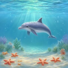 Fototapeta premium Gray Dolphin Swimming Underwater near Coral Reef and Starfish