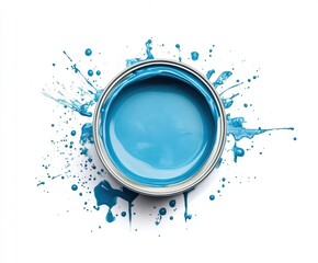 Paint can with grey blue paint top view lay flat with drips and droplets on isolated white background