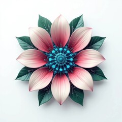 Fototapeta premium A symmetrical pink flower with green leaves and an intricate blue center, placed on a white background.