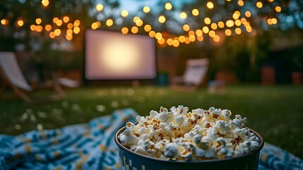 Close up of popcorn bucket with outdoor movie screen and string lights in the background at night