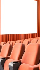 Rows of burnt-orange cinema seats face a large blank screen with orange curtains