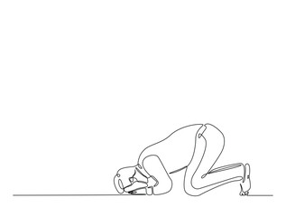 Continuous one line drawing of man with prostration gesture. Forgiveness and Gratitude person gesture outline illustration. Editable vector.