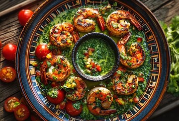 A plate of grilled shrimps with green sauce on a wooden table, cherry tomatoes and parsley in the center of the plate, a small bowl of green sauce and some fresh cherry tomatoes and parsley beside.