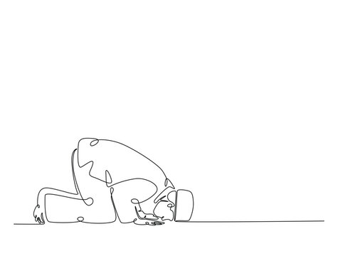 Continuous one line drawing of man with prostration gesture. Forgiveness and Gratitude person gesture outline illustration. Editable vector.