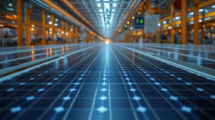 Obraz premium Solar panels stretch into the distance inside a large industrial building.