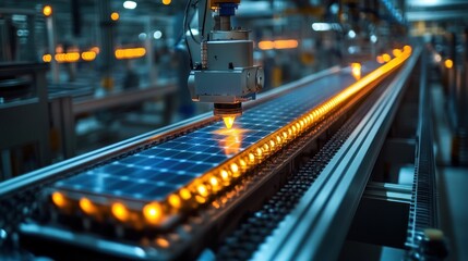 Solar panels move on a conveyor belt in a factory setting.