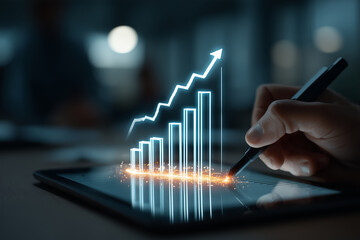 person using stylus on digital tablet to create glowing graph, symbolizing growth and progress in modern workspace