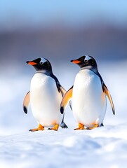 Fototapeta premium Two penguins walk side-by-side across snowy ground
