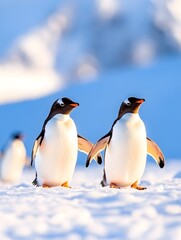 Obraz premium Two penguins waddle side by side on snow, wings slightly spread, looking at each other