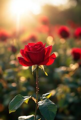 Obraz premium Vibrant Red Rose Surrounded by Blooming Green Foliage in a Sunlit Garden at Golden Hour with Soft Background Blurred by Gentle Light