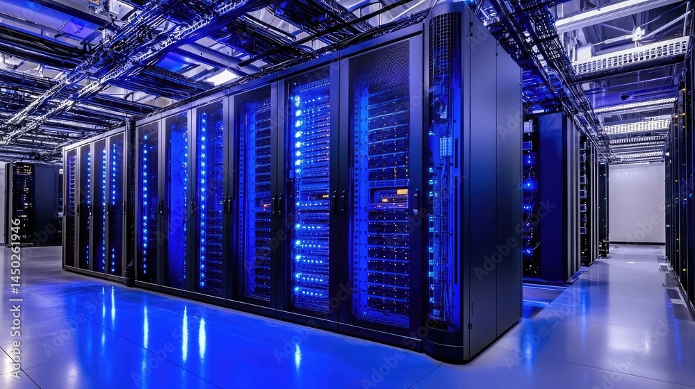 Aufkleber data servers with bright glowing panels and overhead cabling in modern facility, suitable for illust