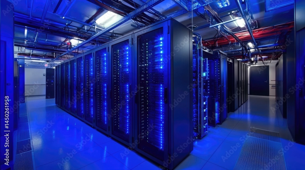 Leinwandbilder blue-lit data center corridor with high security server enclosures and overhead cabling, ideal for d