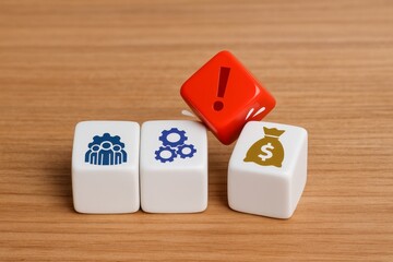 Teamwork Business Risk Management Financial Challenge Concept Cubes Warning Sign Money Gears People Collaboration Problem Solving Strategy Planning Success Failure Innovative Solution Financial       