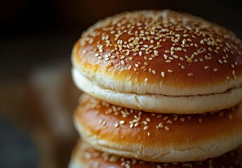 Close-up of three stacked sesame hamburger buns with golden-brown color and evenly sprinkled sesame seeds, blurred warm brown background.