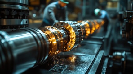 Fototapeta premium Metalworking machine with worker in background in factory setting.