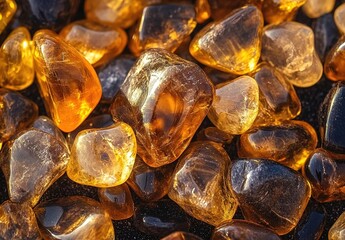 A close-up of a collection of amber and dark-colored gemstones.