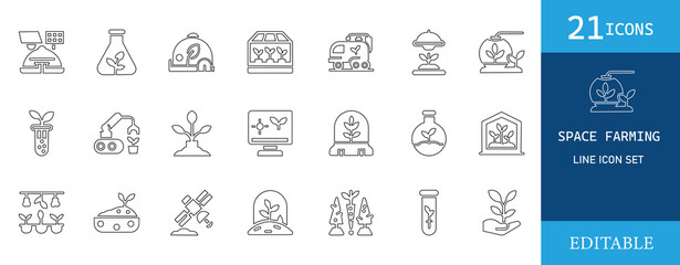 Minimalist line icons set featuring space farming concepts such as hydroponics, plant growth in space, biotech, greenhouses, and futuristic agriculture for science,  and tech use