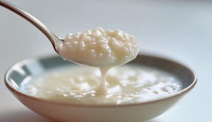 Close-up of creamy rice pudding being scooped from a bowl, showcasing its smooth texture.
