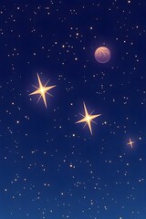 A celestial scene featuring two bright stars, a planet, and a scattering of smaller stars across a deep blue night sky