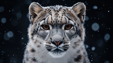 Snow leopard headshot with a dark background and bokeh effect.