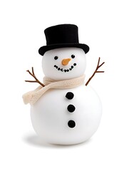 A cheerful snowman figurine, wearing a top hat and scarf, smiles with coal eyes, nose, and buttons