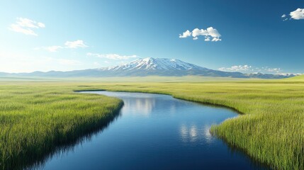 Calm river meandering through grassy plain, snow-capped mountain backdrop, idyllic landscape, travel brochure