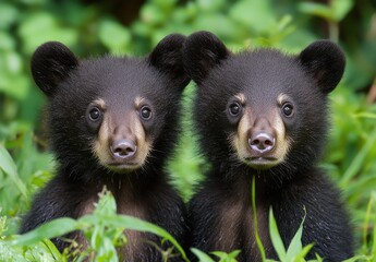 Obraz premium Young black bear cubs gazing curiously amidst lush green vegetation in a serene forest setting, capturing the innocence and charm of wildlife moments