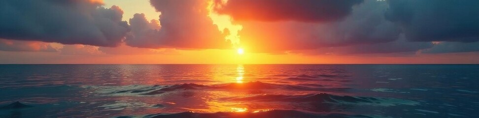 Obraz premium Majestic sunrise illuminates calm ocean, golden rays break horizon , scenic, majestic