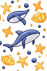 A seamless pattern featuring whales, seashells, and starfish on a white background