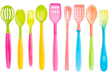 Colorful Kitchen Utensils Arranged on White or Transparent Background for Cooking Concept